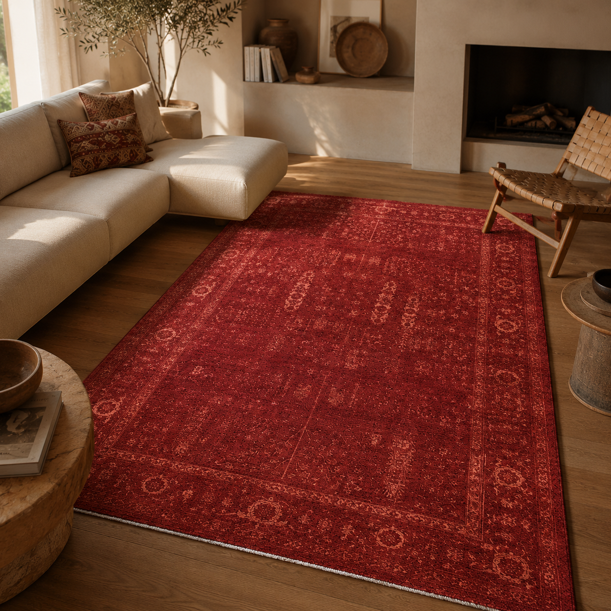 SHIRAZ 03  RED Vintage Eskitme Desenli Yumuşak Dokulu Makine Dokuması Kırmızı Salon Halısı