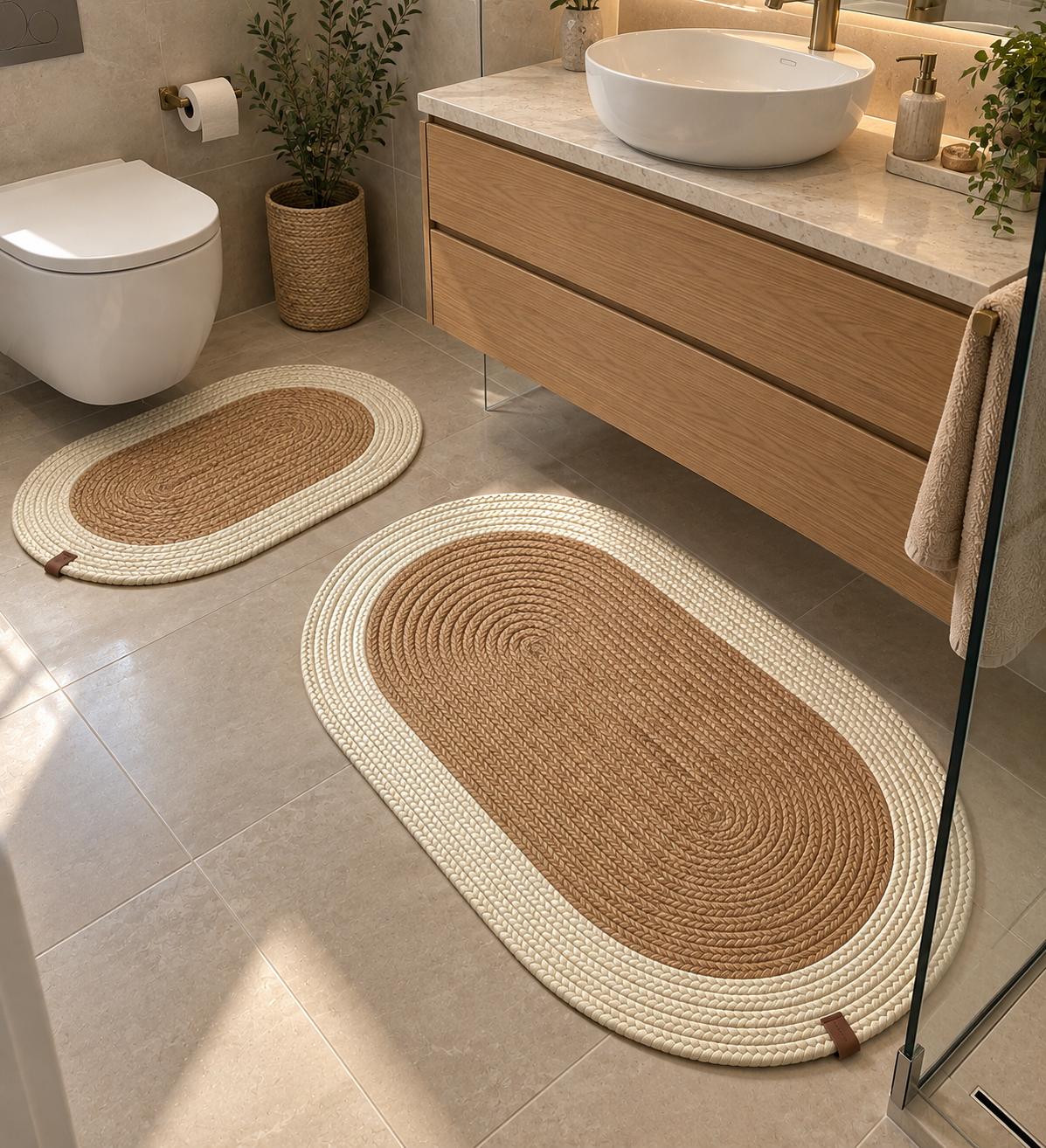 Patna Natural White Jüt Hasır Örgü Banyo Paspası Takımı ,Yıkanabilir Banyo Halısı Klozet Takım