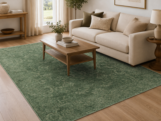 SHIRAZ 02 GREEN  Vintage Eskitme Desenli Modern  Yumuşak Dokulu Makine Dokuması Salon Halısı