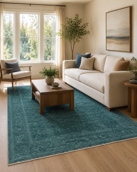 SHIRAZ 03 TURQUOISE Vintage Eskitme Desenli Modern Yumuşak Dokulu Makine Halısı