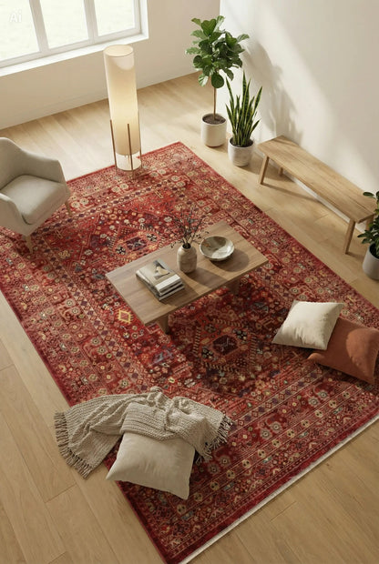 KYBELE XW 05 RED Sıcak Renk Tonlu Otantik Kırmızı  Makine Dokuması Salon Halısı