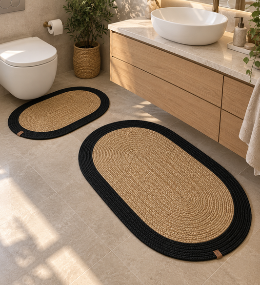 Patna Natural Black Jüt Hasır Örgü Banyo Paspası Takımı ,Yıkanabilir Banyo Halısı Klozet Takım