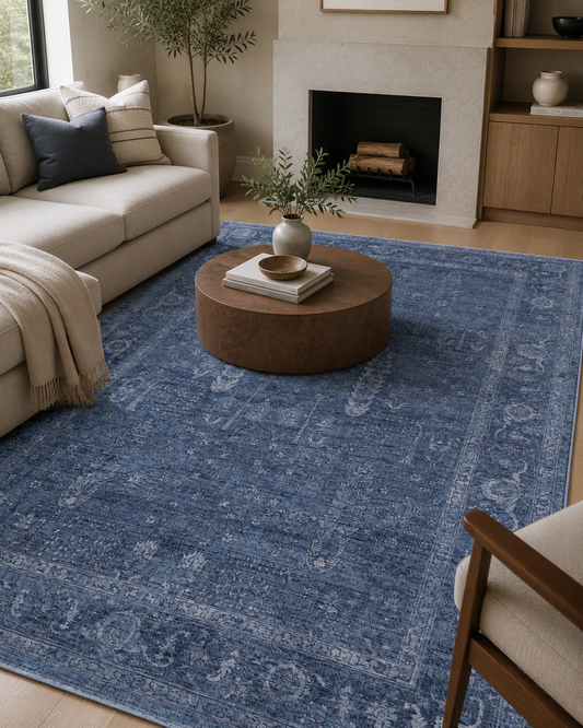 SHIRAZ 03 NAVY   Vintage Eskitme Desenli Modern  Yumuşak Dokulu Makine Dokuması Salon Halısı